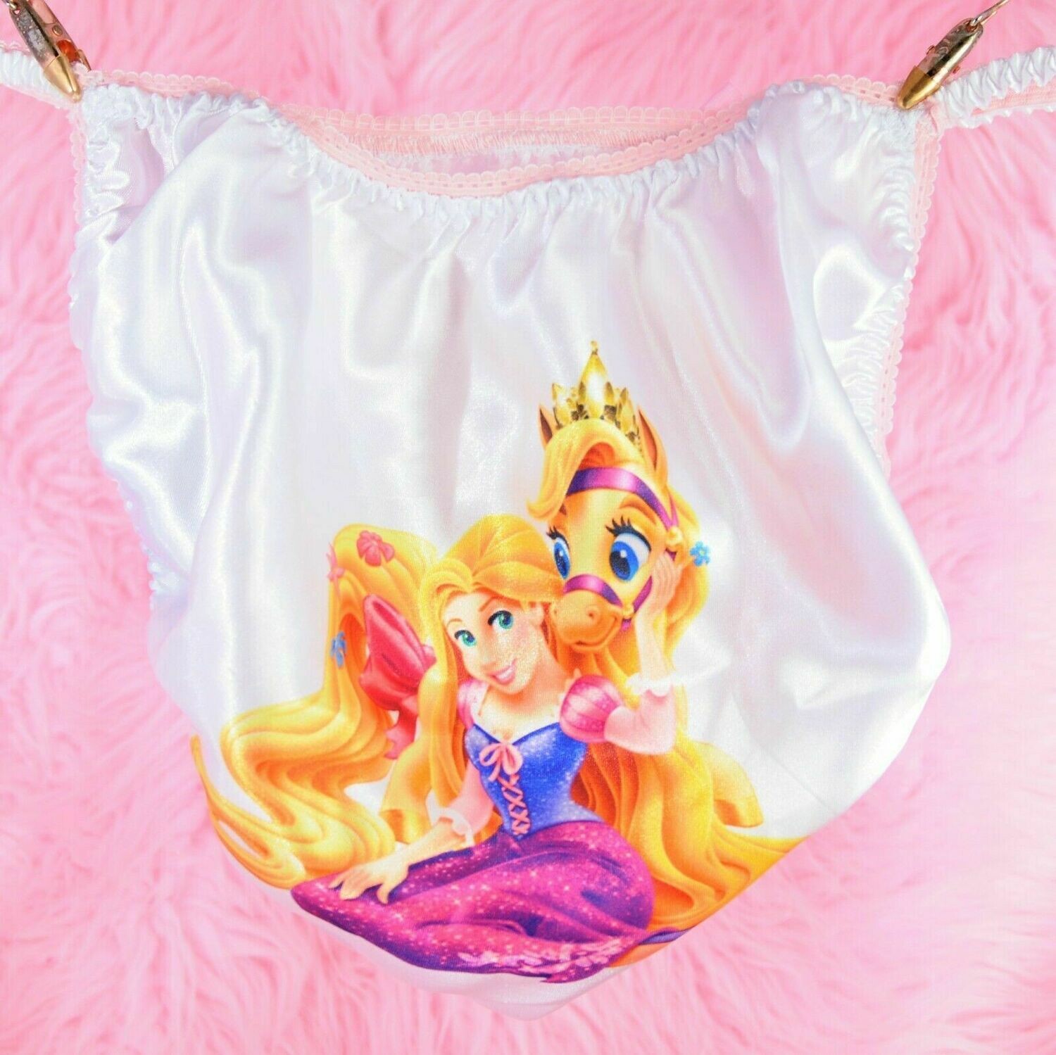 White Rare Rapunzel Tangled Princess with horse, classic shiny Satin