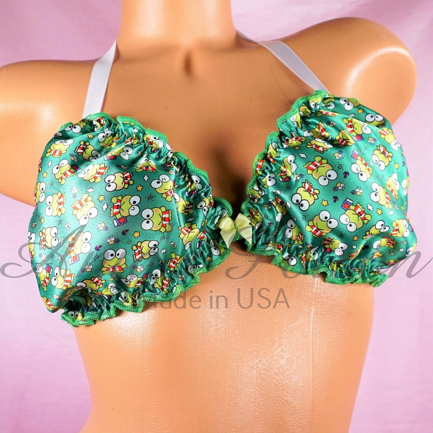 Green Kawaii Frog Print Ruffled super shiny SATIN lined tie up halter
