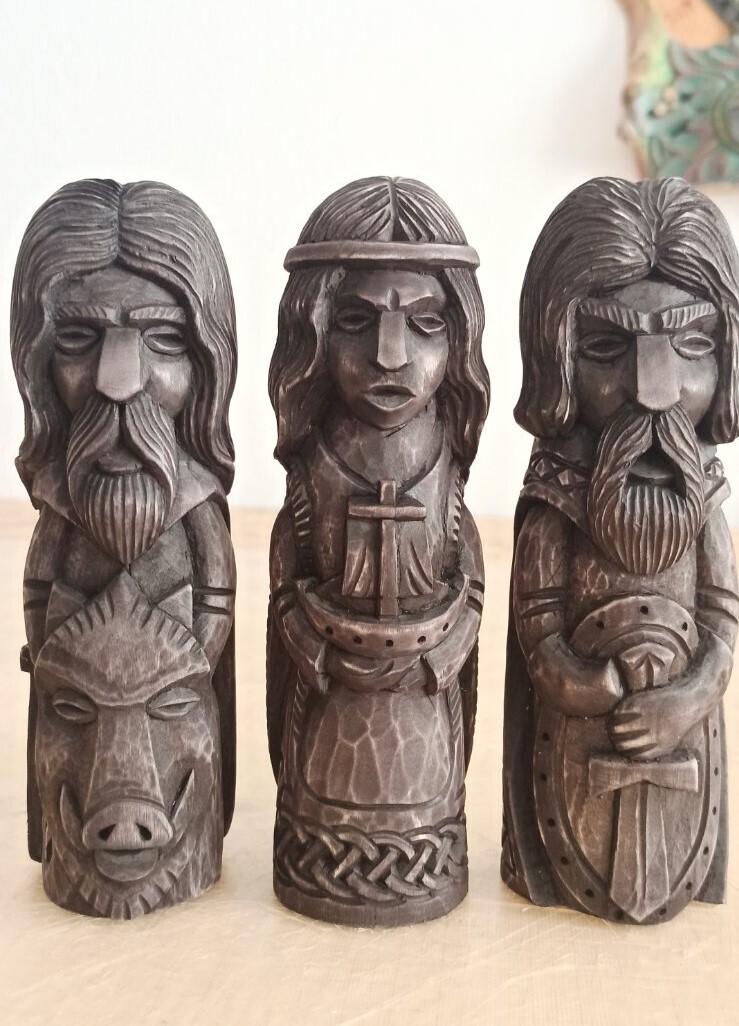 Old Norse Gods Statues, God Freyr, Tyr and Goddess Ran Basswood Hand