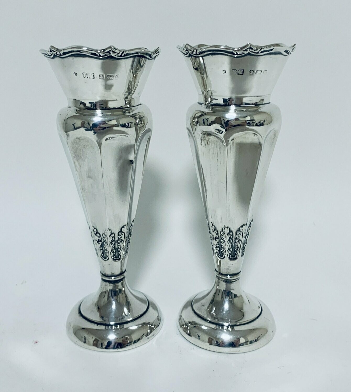 Pair of Antique Silver Trumpet Shaped Vases