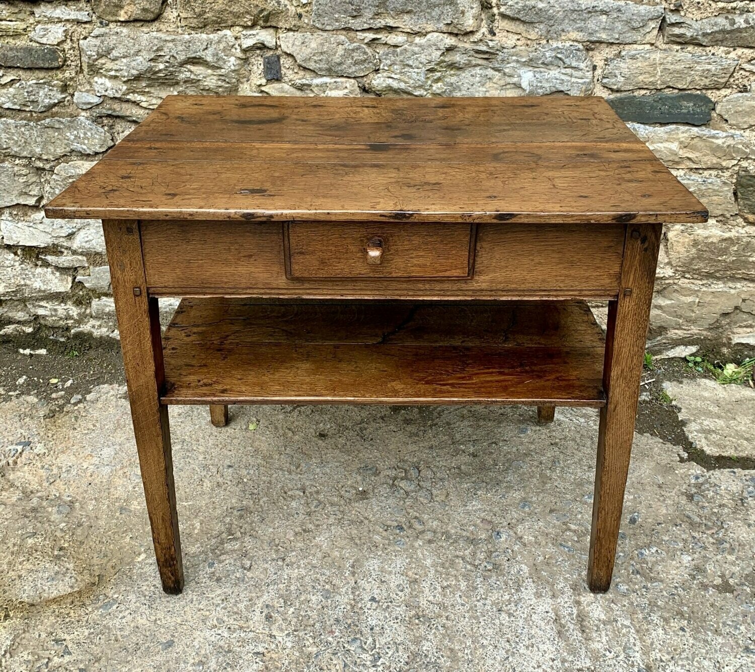 Antique Oak Side Table with Shelf