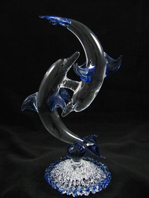 Hand Blown Glass Entwined Dolphins on Lace Base Gift of Glass We specialise in hand blown