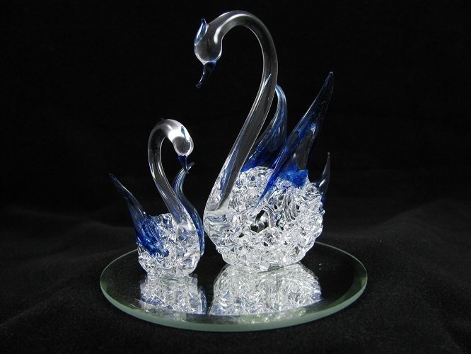 Hand Blown Glass Mum and Baby Swan on Mirror Base Gift of Glass We specialise in hand blown