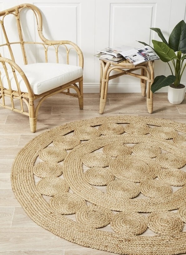 Round jute rug 120 cm diameter handmade (Beige)