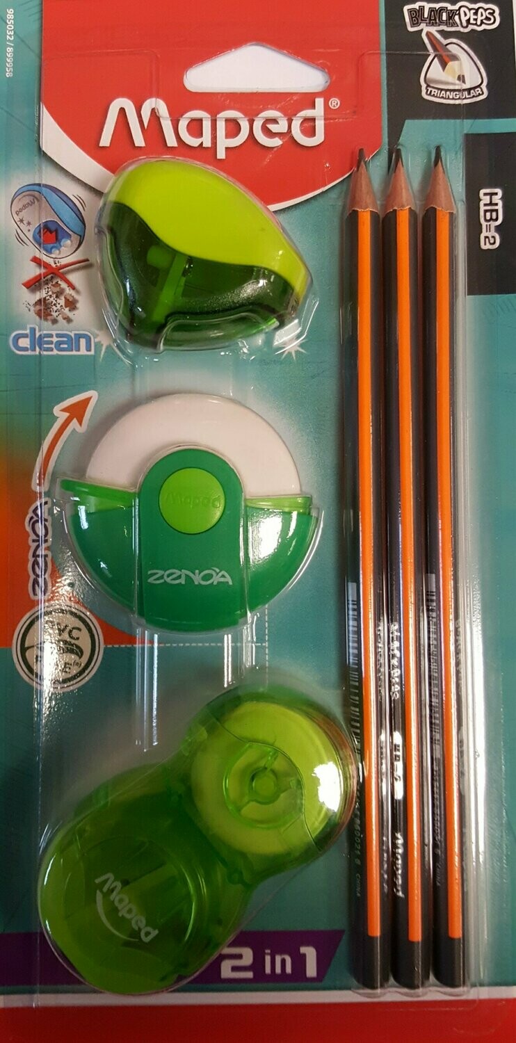 Maped Eraser, Sharpener & Pencil set, green
