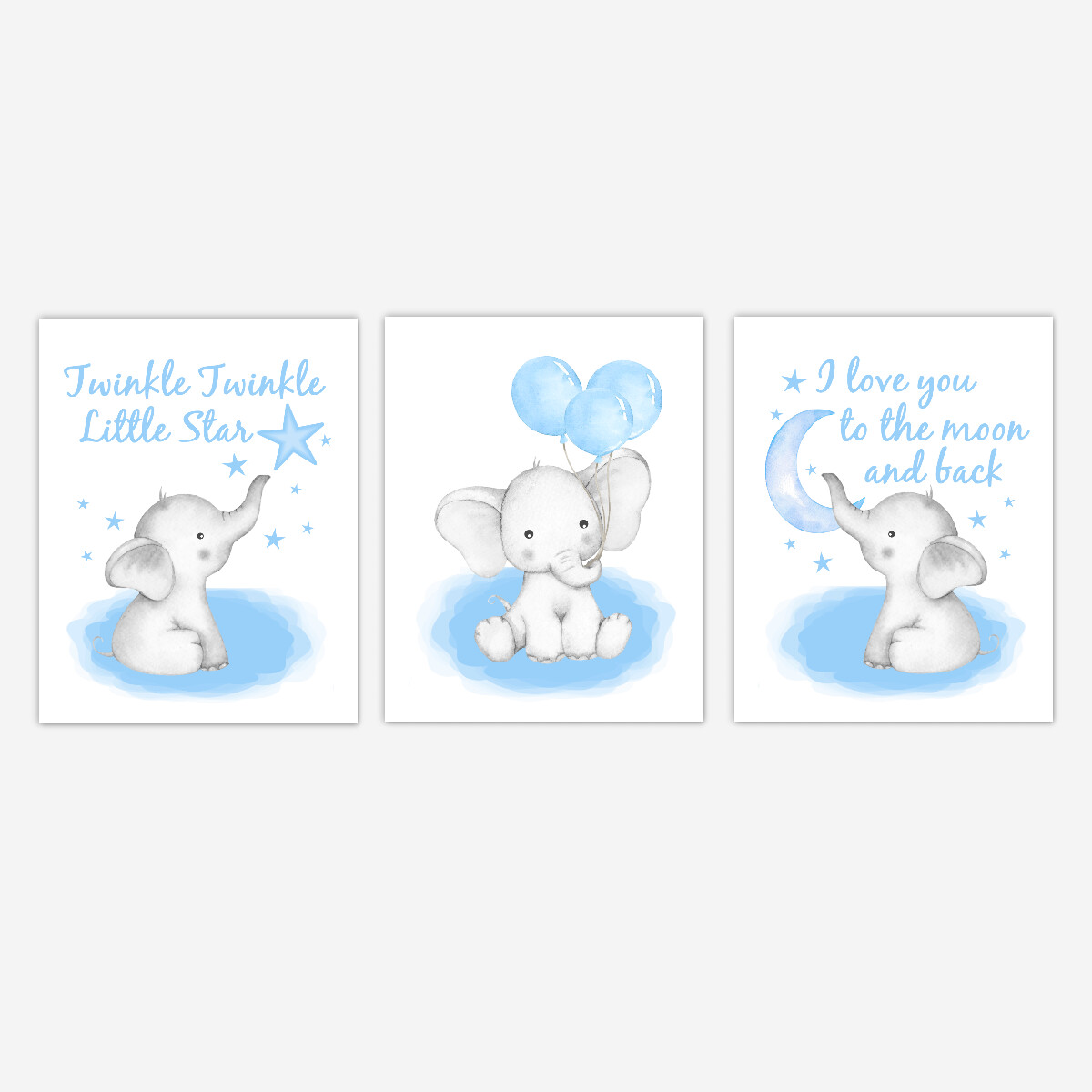 Watercolor Blue Elephants With Balloons Baby Boy Nursery Art Wall Decor