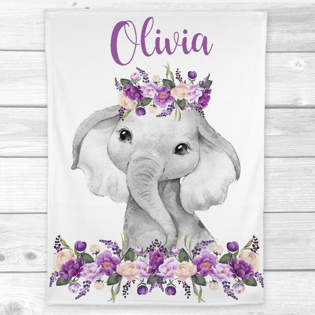 Personalized Baby Girl Blanket Elephant Watercolor Purple Floral Flower