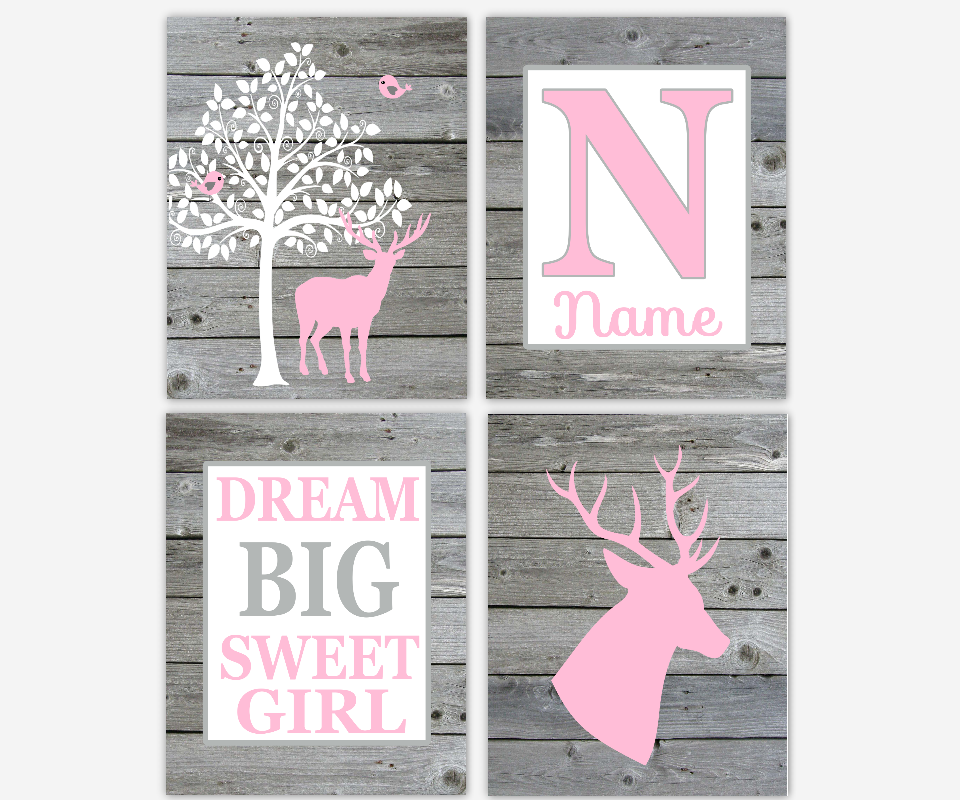 Baby Girl Nursery Wall Art Deer Antlers Pink Gray Dream Big Sweet Girl