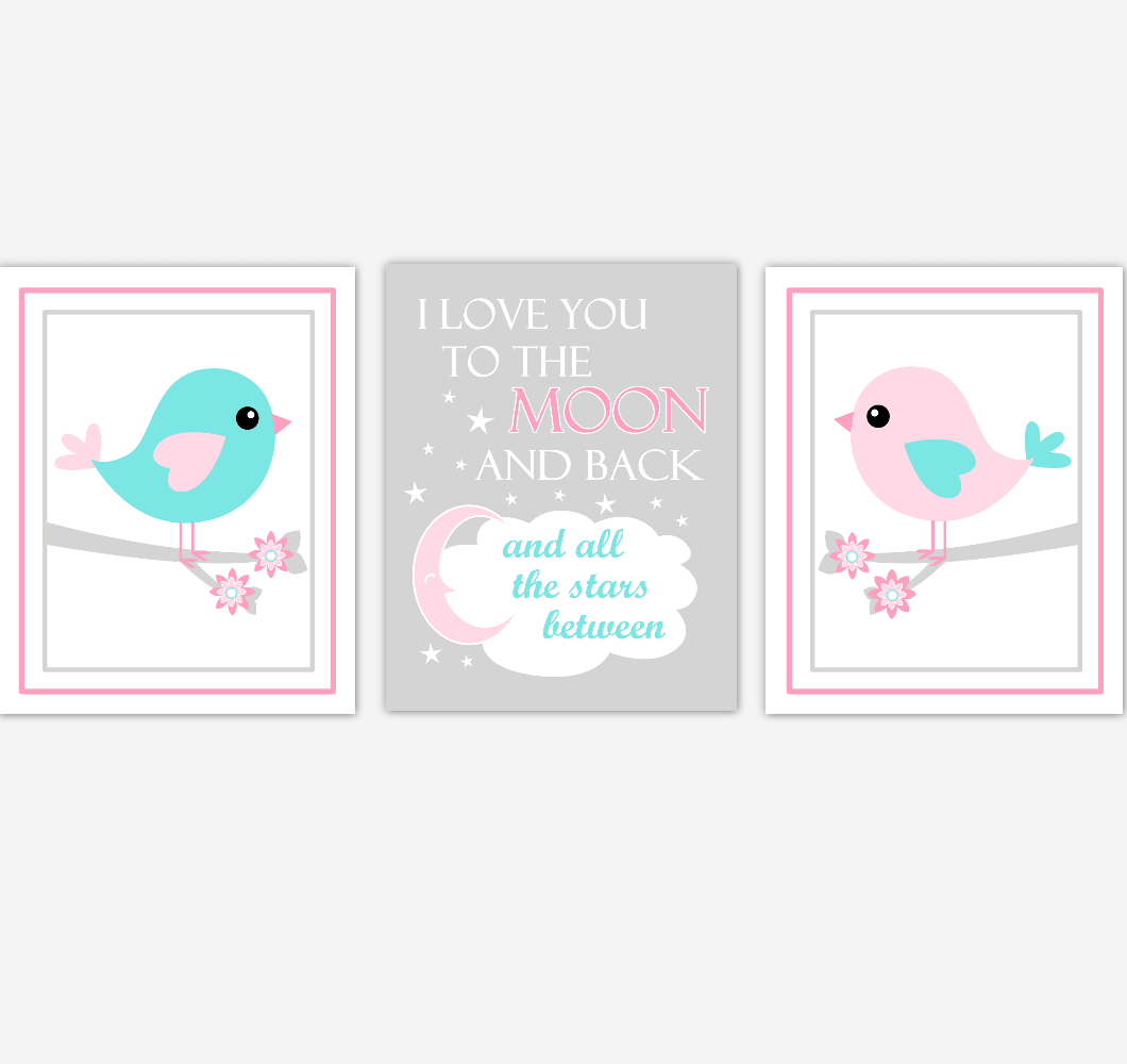Birds Baby Girl Nursery Wall Art Pink Teal Aqua Baby Nursery Decor
