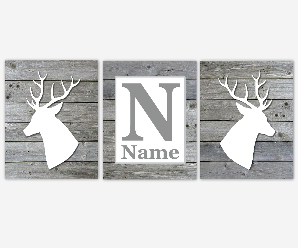 Deer Head Antlers Gray Grey White Personalized Name Monogram Art Baby