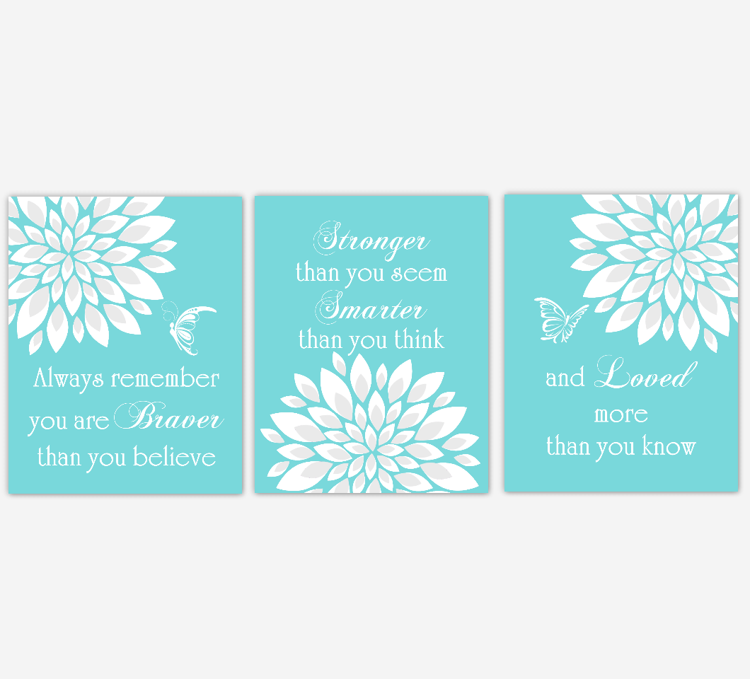 Baby Girl Nursery Wall Art Teal Aqua Dahlia Mum Flower Floral Butterfly