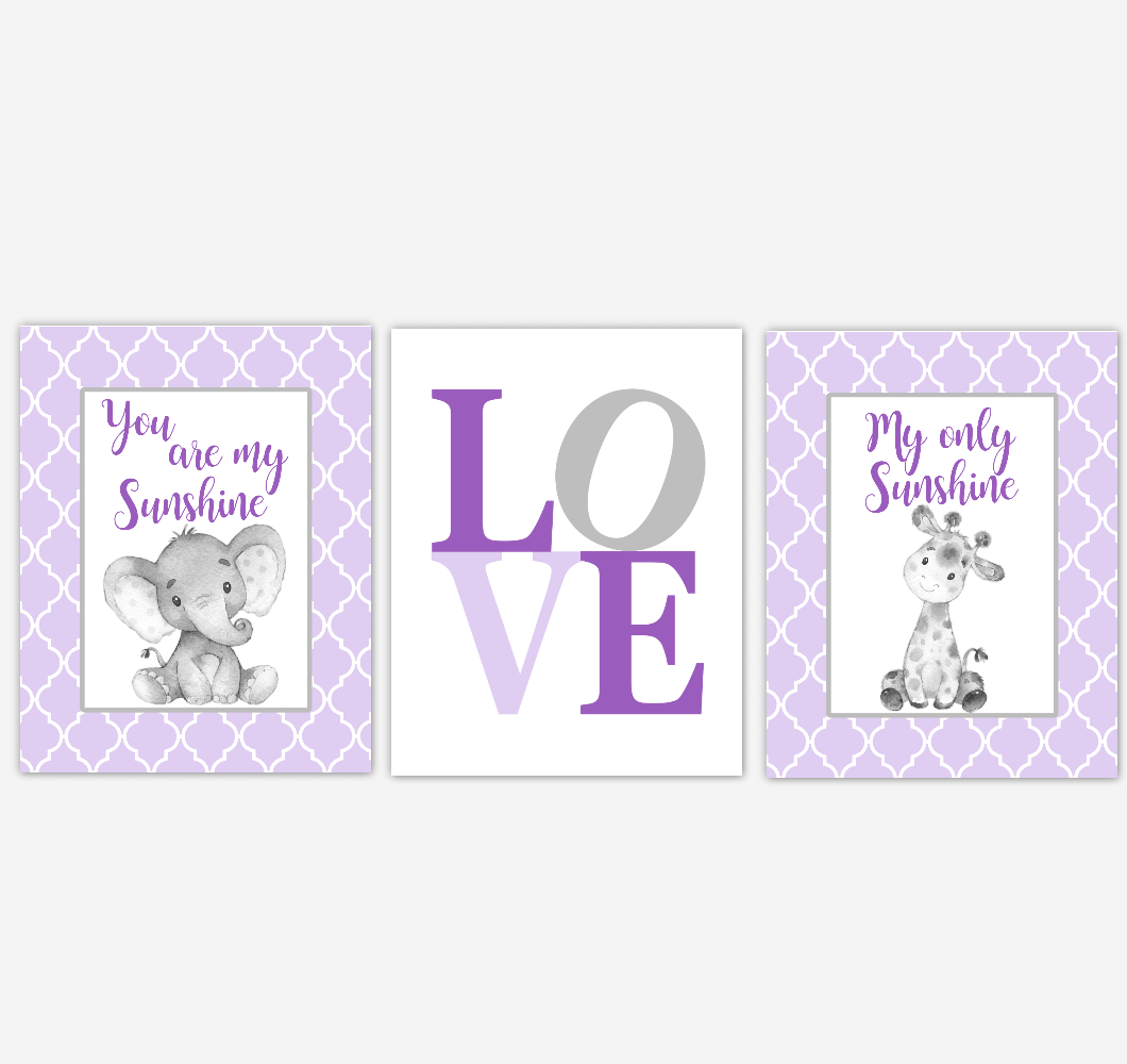 Safari Animals Baby Girl Nursery Wall Art Elephant Giraffe Purple Baby
