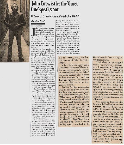 Entwistle, John / The Quiet One Speaks Out Magazine Article with