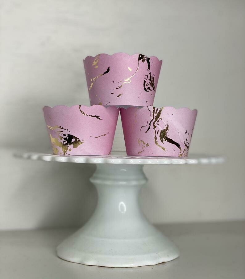 Pink and Gold Marble Cupcake Wrappers, Rustic Cupcake Wrappers, Wedding