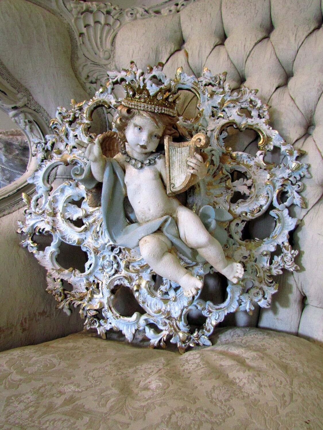 SOLD Vintage cherub with crown wall decor, one of a kind creation