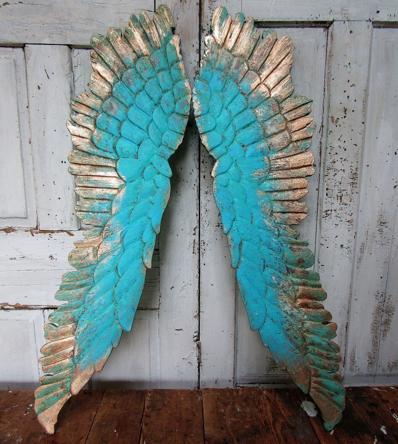 Large carved wood angel wings wall decor, distressed aqua teal home decor