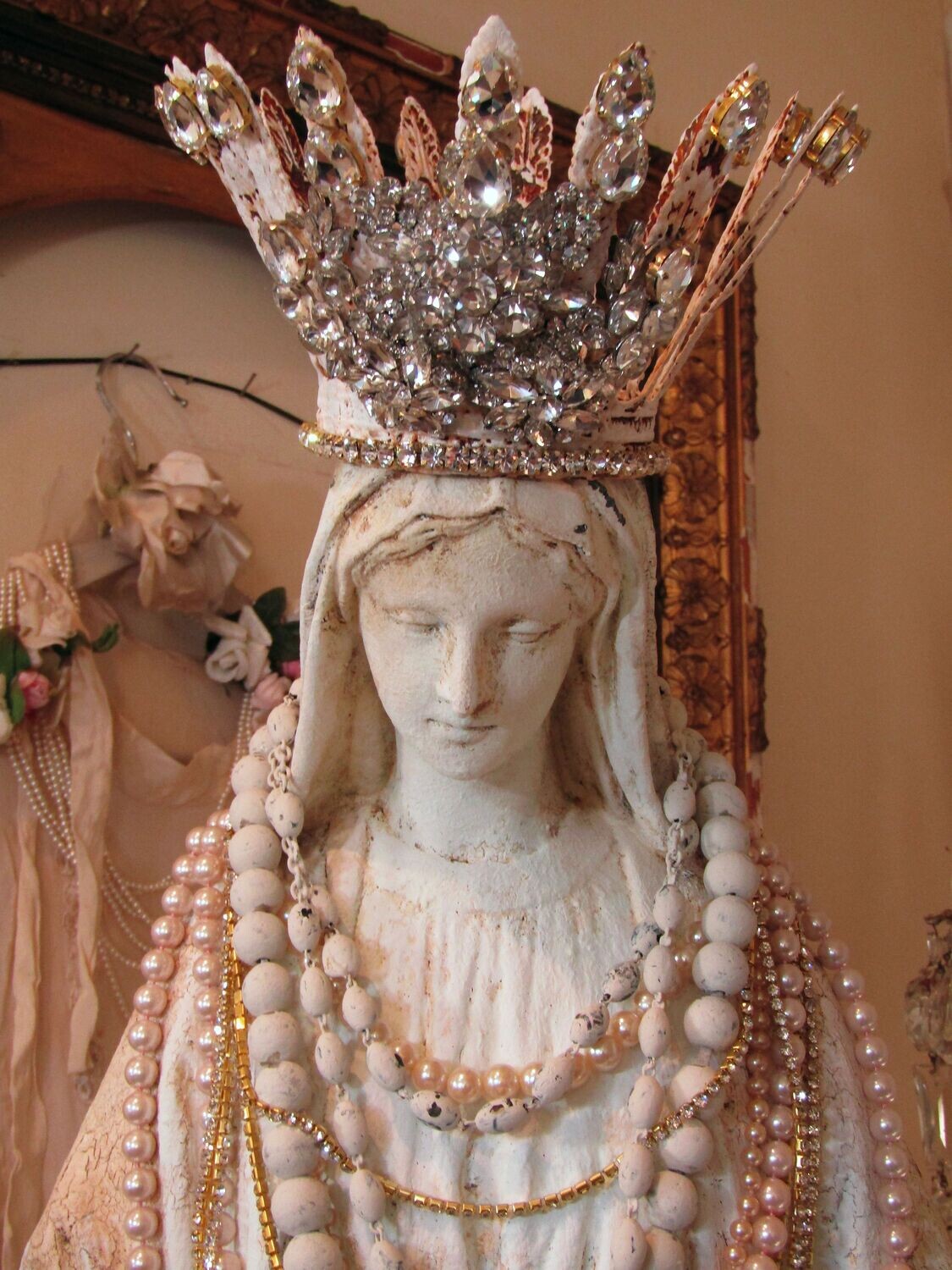 Large all white Virgin Mary statue with crown by Anita Spero