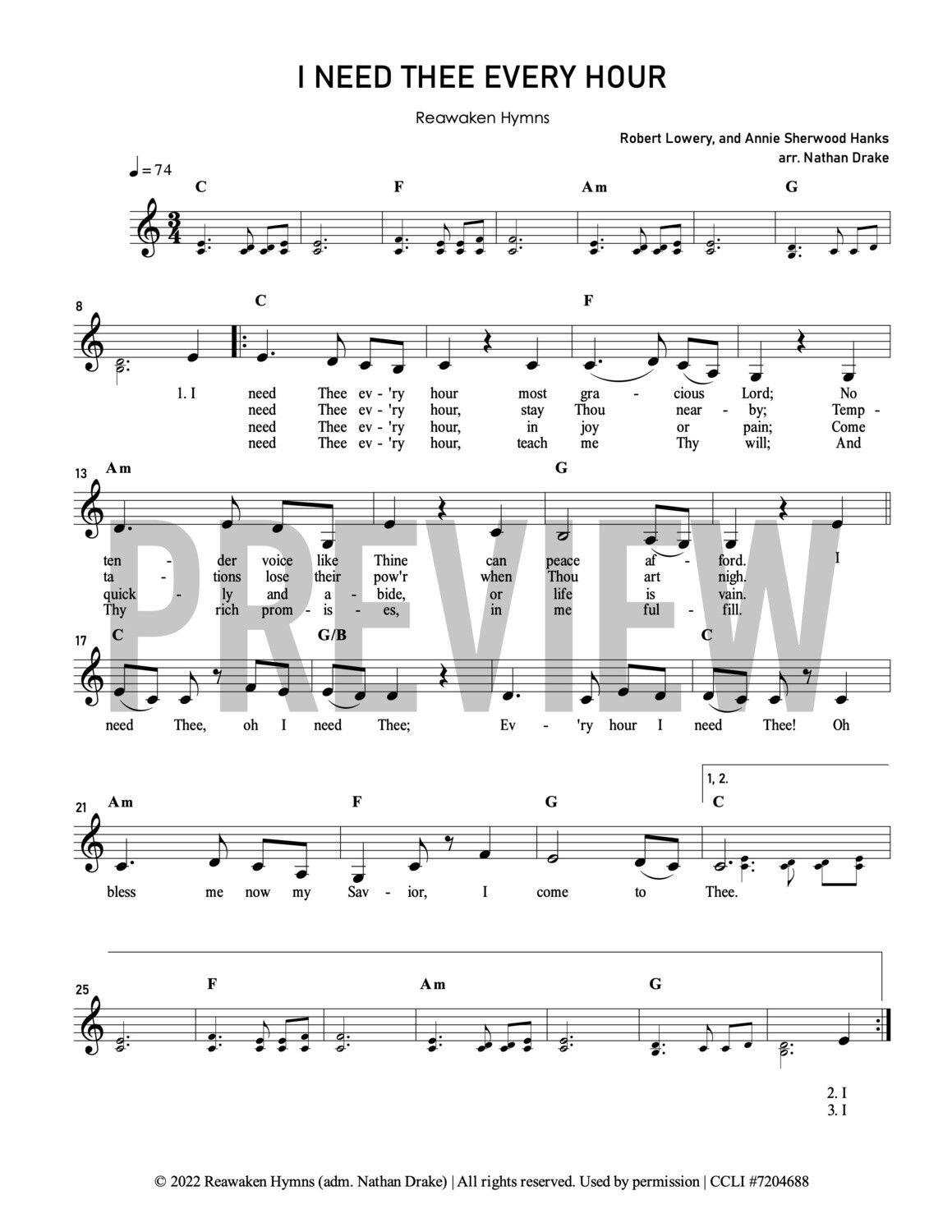 I Need Thee Every Hour Lead Sheet