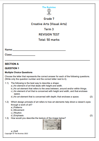 Gr 7 Visual Arts Revision Test - Term 3