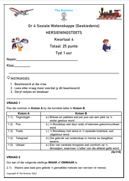 Gr 4 Sw Geskiedenis Hersieningstoets Kwartaal 4