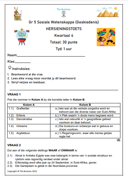 Gr 5 Sw Geskiedenis Hersieningstoets Kwartaal 4