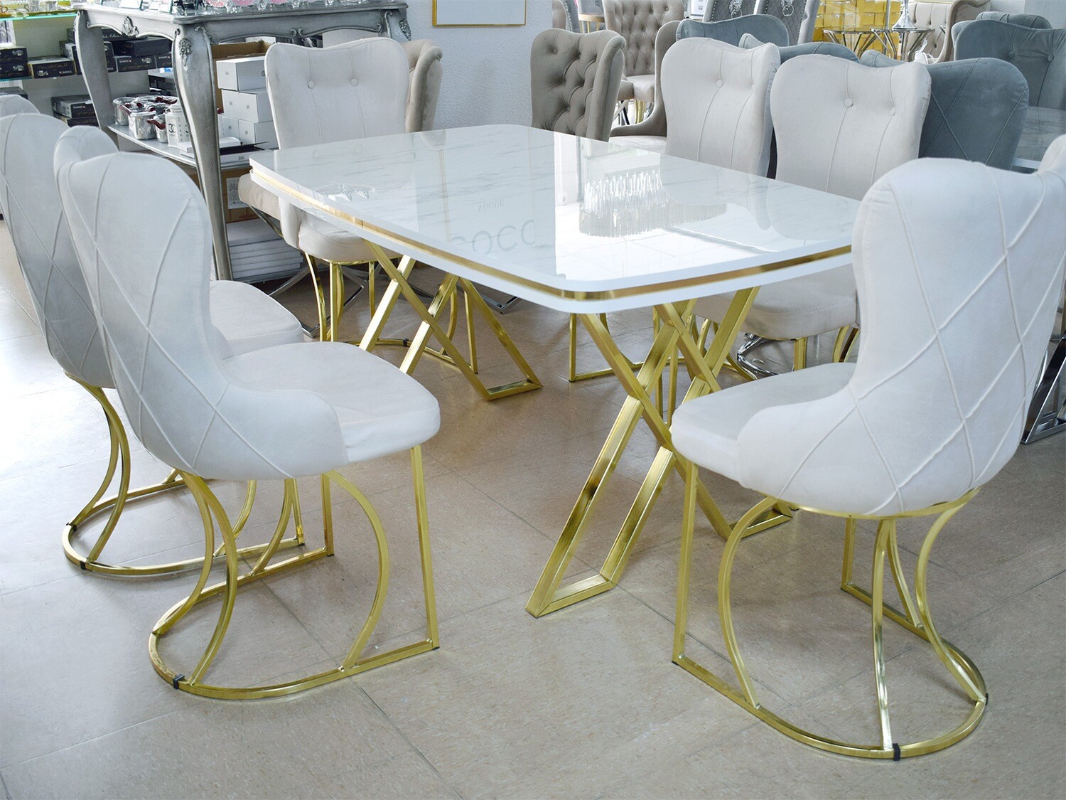 Esstisch + 6 Stühle Weiss Gold MarmorDesign Essgruppe