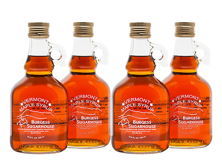 Four 500ml (16.9 fl oz, slightly more than a pint) Glass Jugs of Pure Vermont Maple Syrup