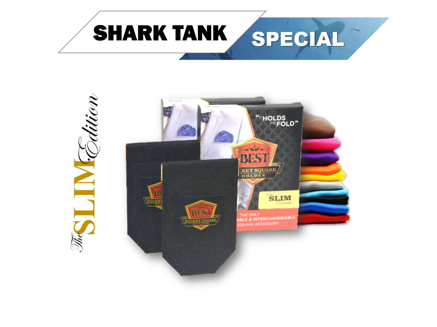 Shark Tank SLIM (2) Slim Pocket Square Holders + (2) Free Pocket Squares + Free Shipping