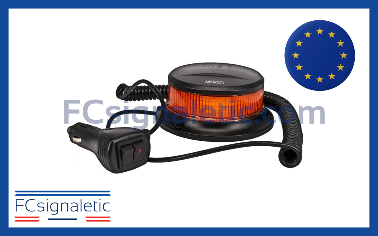 Gyrophare Orange Aimanté 12V - Prise Allume-cigare, Câble 3 M, Pour Engins Agricoles Et TP