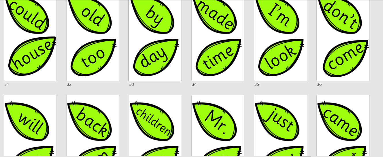 100 Sight Words on leaves for Tricky Word Tree