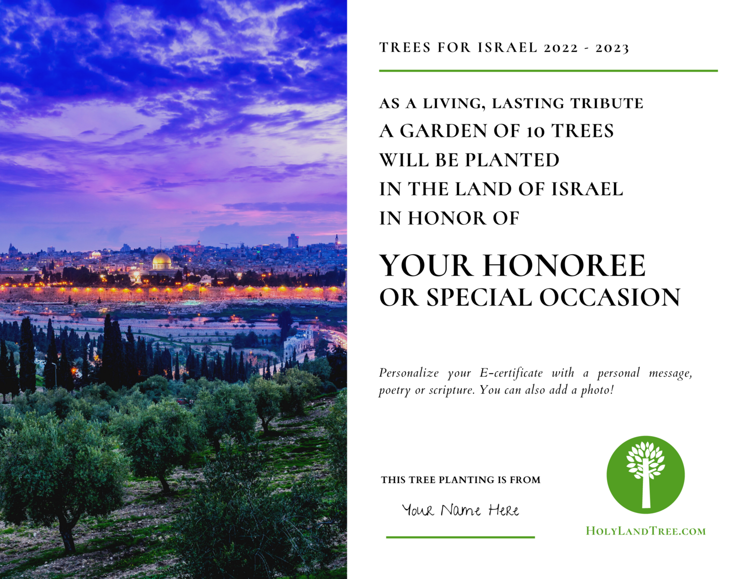 Plant a Tree in Israel with Custom ECertificate
