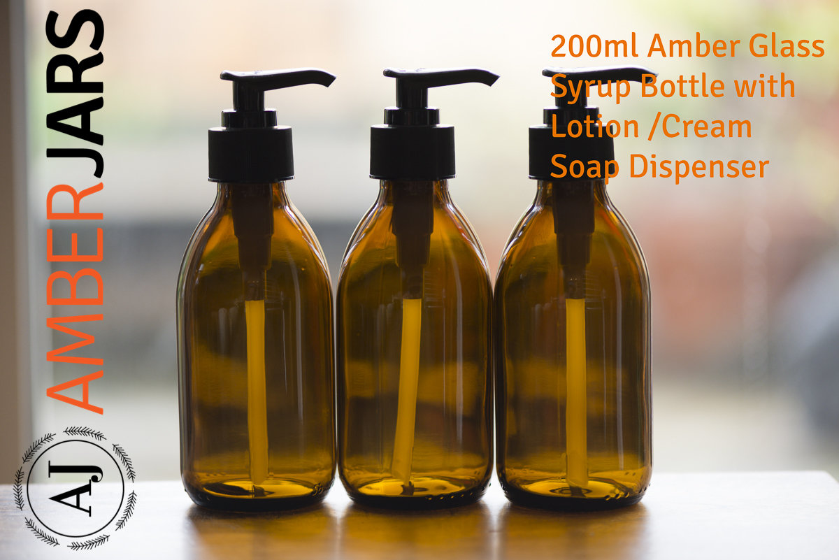200ml Amber Glass Syrup Bottle Lotion PUMP Soap Dispenser Amber Glass