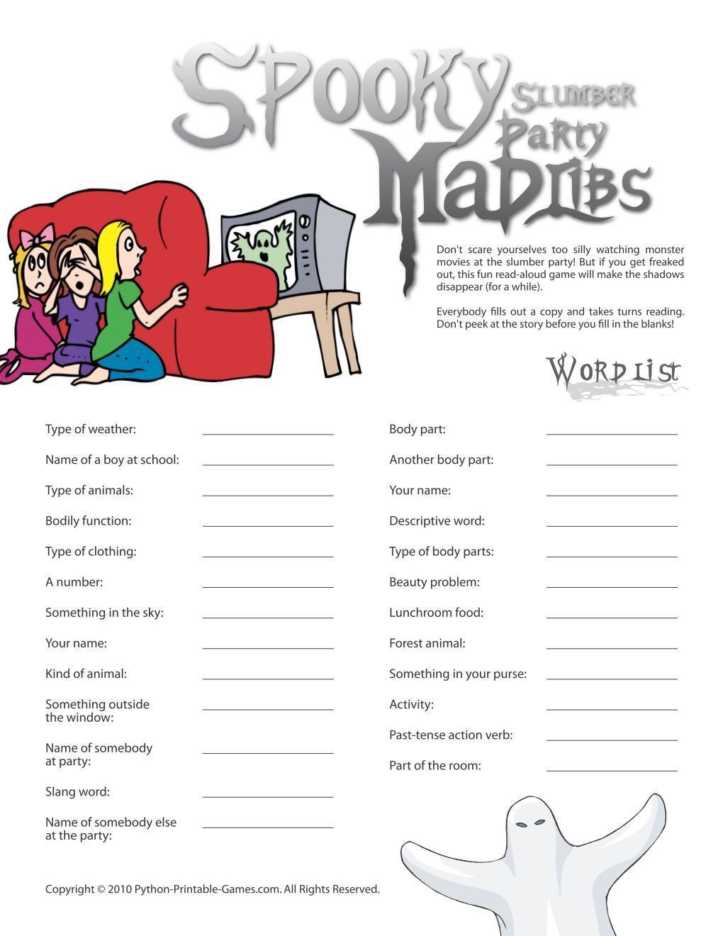 Slumber Party Spooky Mad Libs
