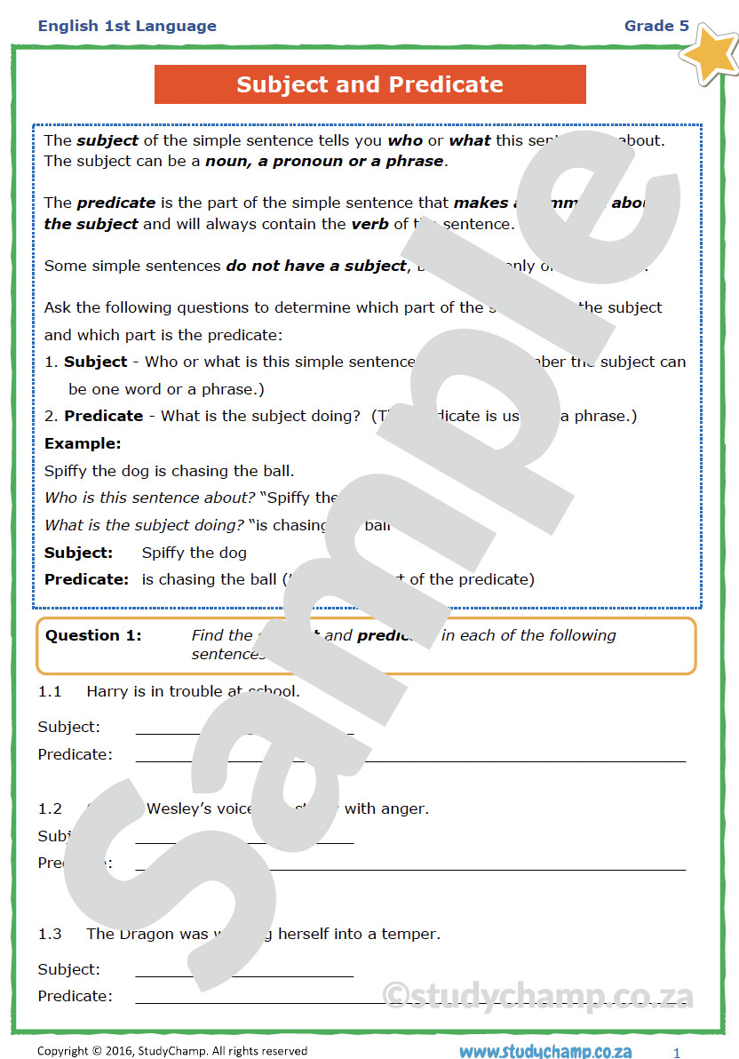 Grade 5 English Worksheet Subject and Predicate