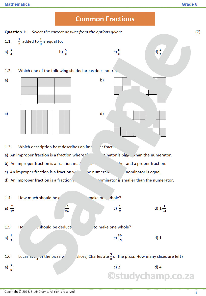 Grade 6 Maths Test Common Fractions