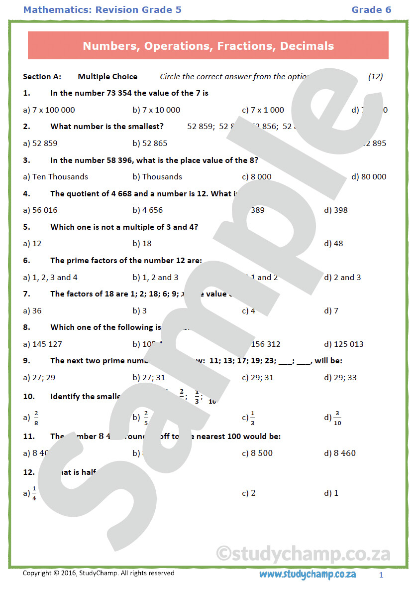 Grade 6 Maths Test: Revision Grade 5
