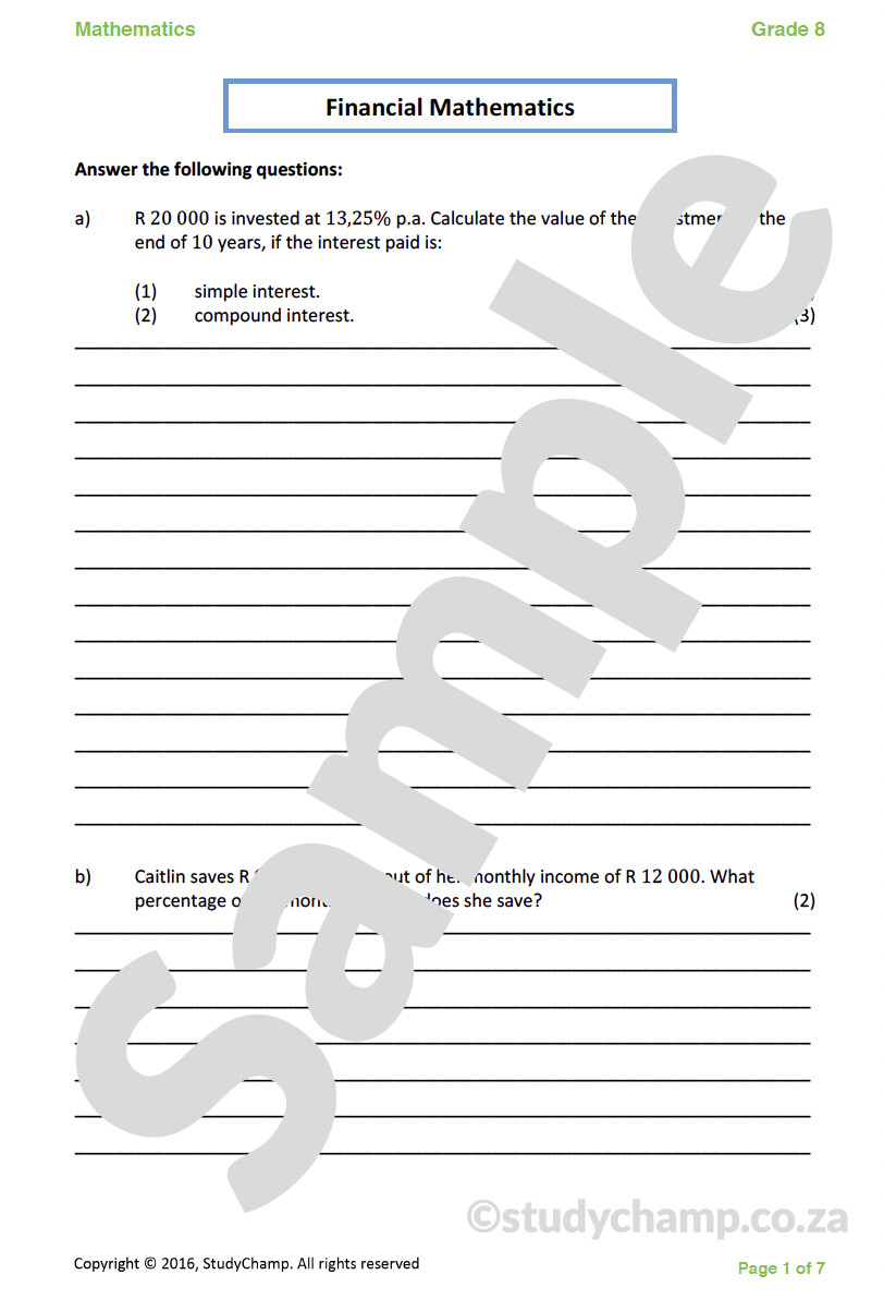 Grade 8 Mathematics Test Financial Maths