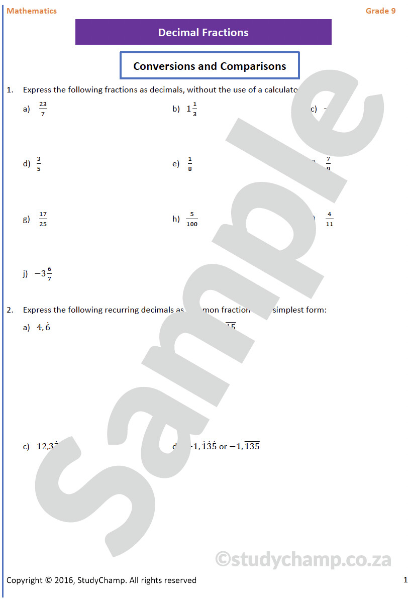 Grade 9 Mathematics Workbook Decimal Fractions Grade 9 mathematics workbook decimal fractions