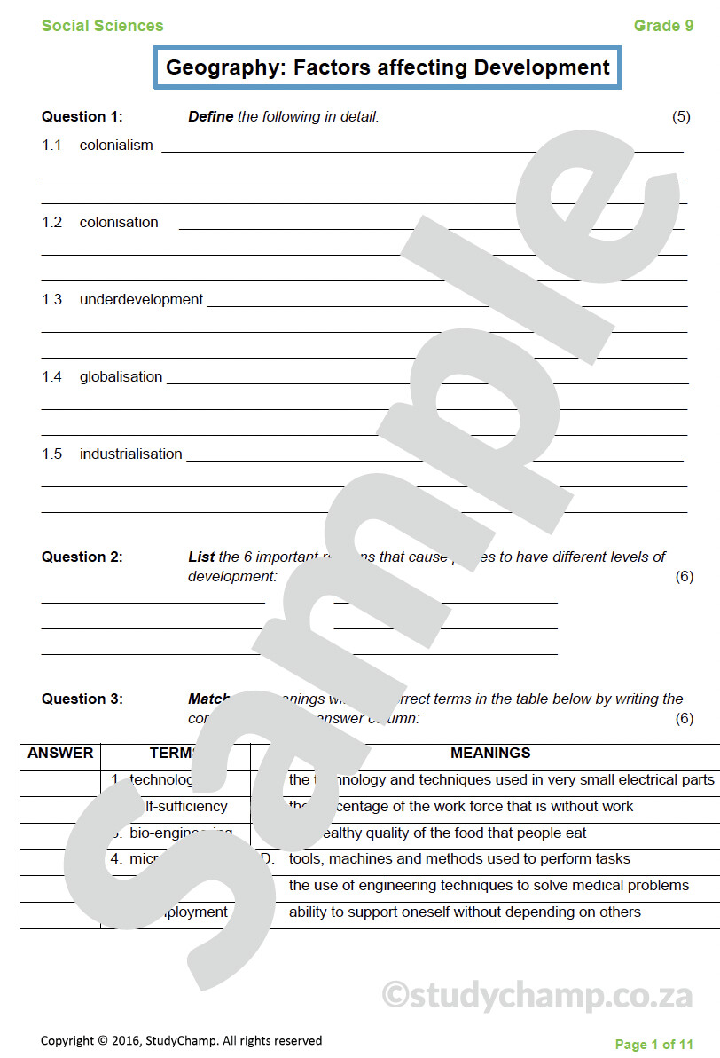 Grade 9 Geography Test Factors affecting Development