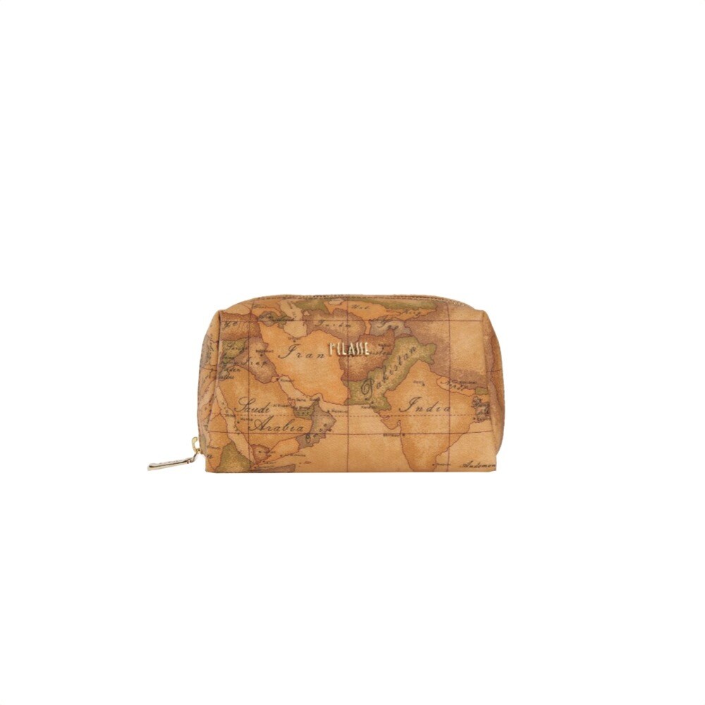 Alviero Martini Prima Classe Astuccio In Pelle Naturale E Tessuto Goffrato Con Zip Geo White