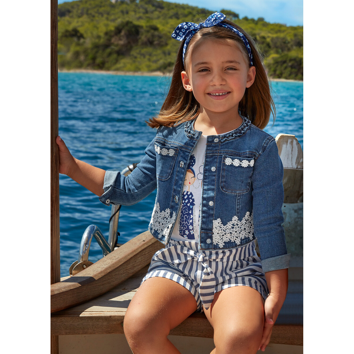 Mayoral Girls 3475 0005 Denim Jacket White Daisy Trim Dark Designer