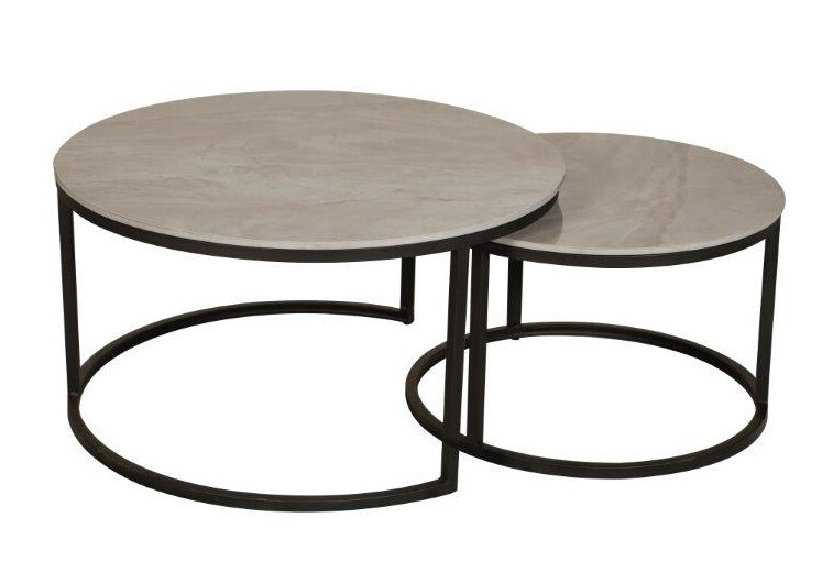Yale Round Coffee Table Nest of 2 Tables Grey Top Black Metal Legs