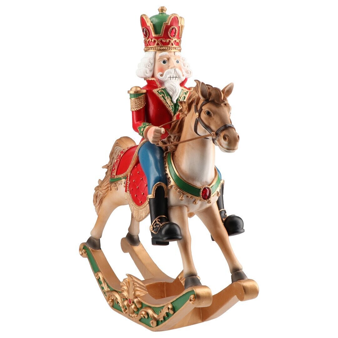 Figurine Casse-Noisette Soldat Sur Cheval à Bascule En Bois - Décoration De Noël 26x22 Cm