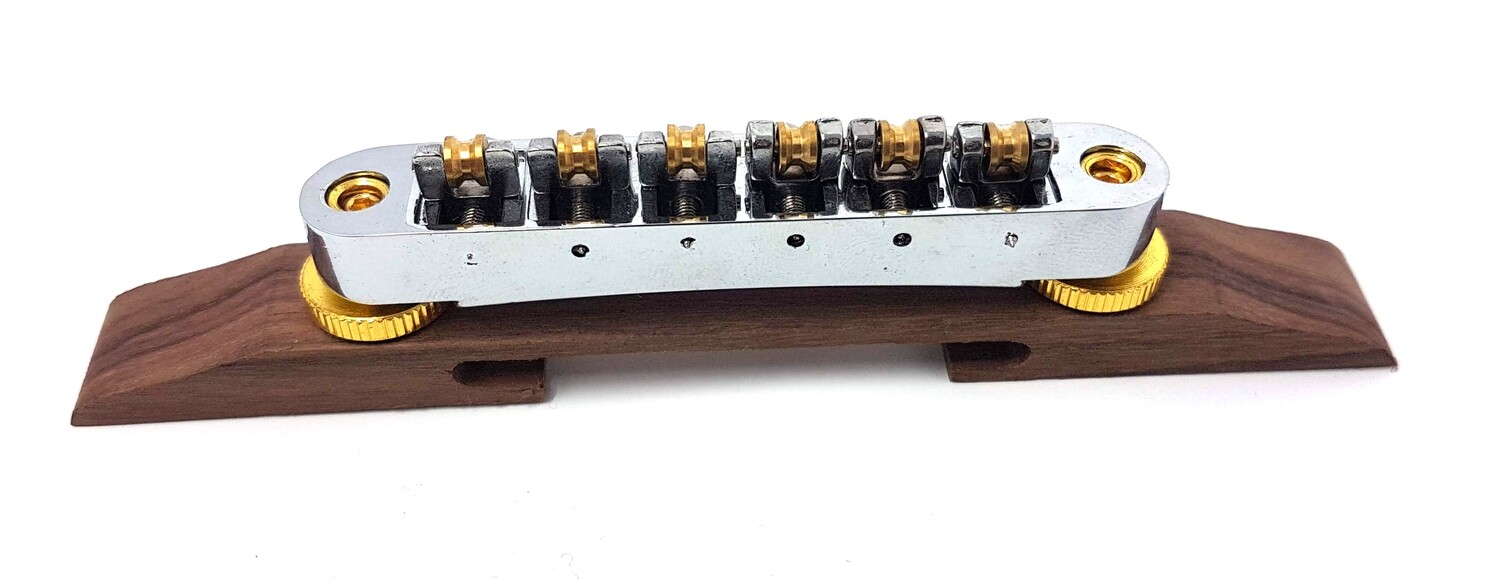 Brio TuneoMatic Bridge With Brass Roller Saddles on Rosewood for Hollow Body Jazz Chrome