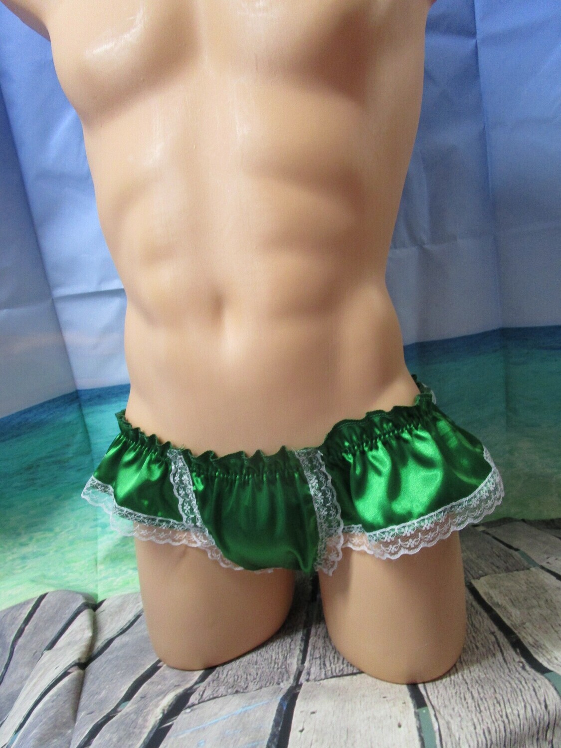 Satin w/Lace Trim Ruffled Jock Strap, Medium Man Front