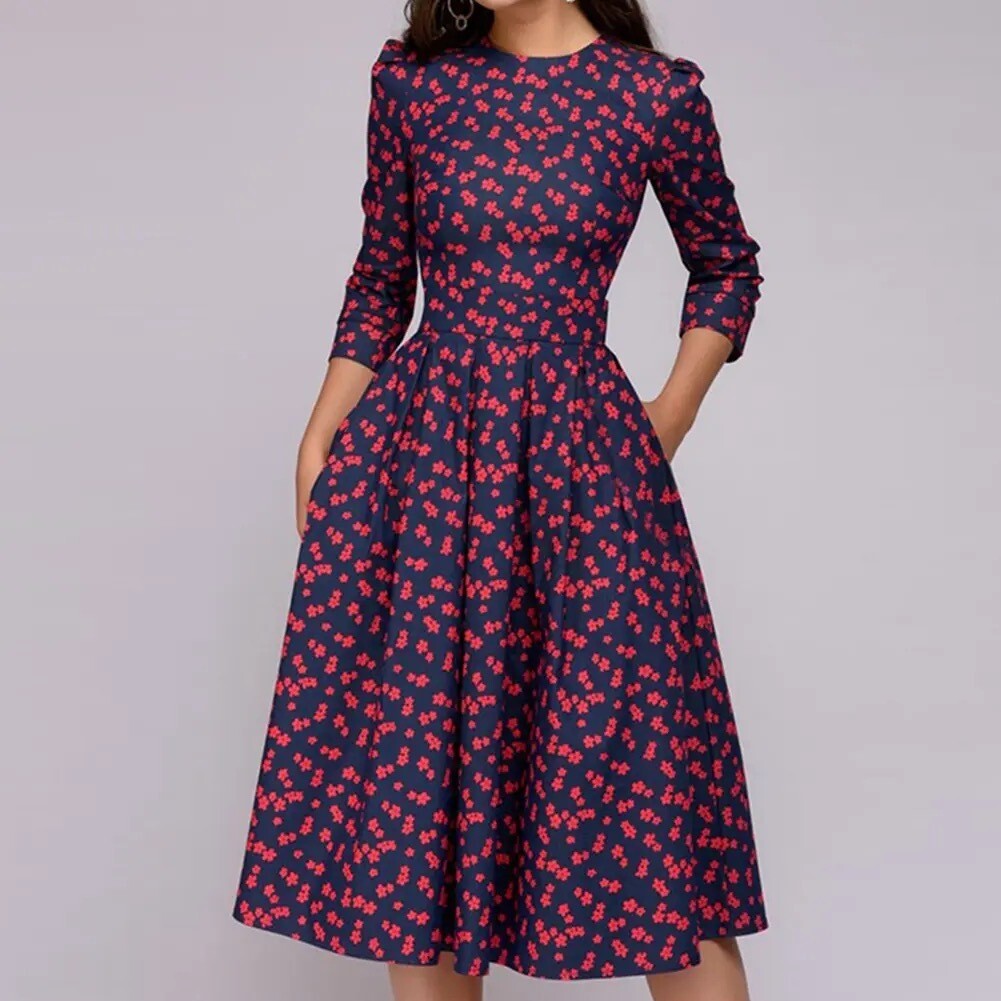 Pleated, Tiny Pink Floral and Navy, Below the Knee, 7/8 Sleeve, ALine