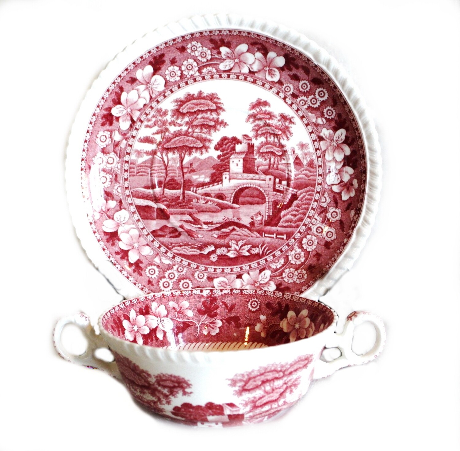 Spode Pink Tower Double Handle Soup Bowl & Under Plate
