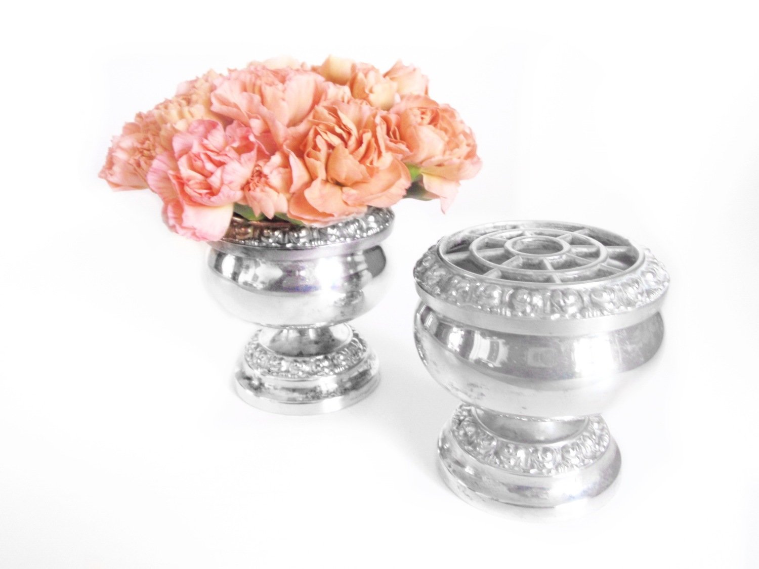 2 Silver Plated Rose Posy Bowl Bowls Vintage Flower Frog MCM