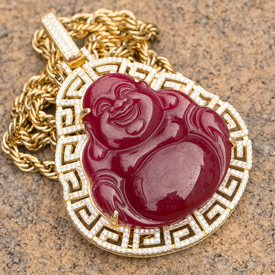 Fully Iced Red Agate Jade Buddha Pendant Necklace