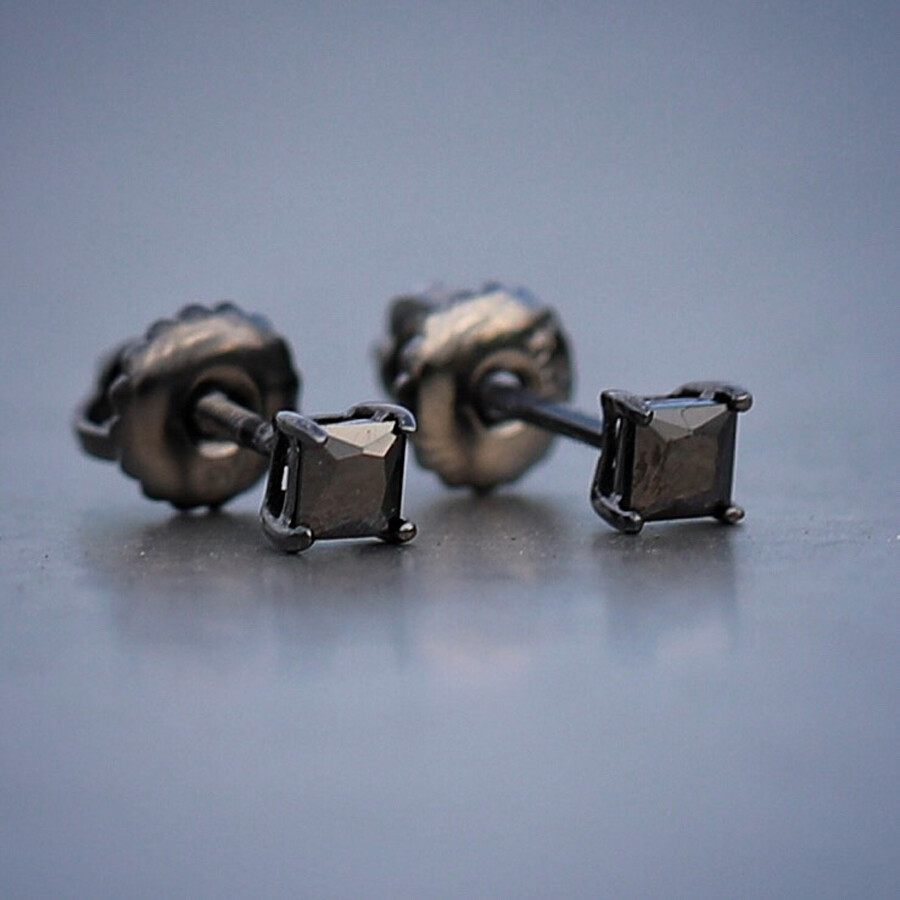 Men's 3D Invisible Set Square Earrings - Sterling Silver Princess Cut CZ, Screw Back, 12mm - View #2